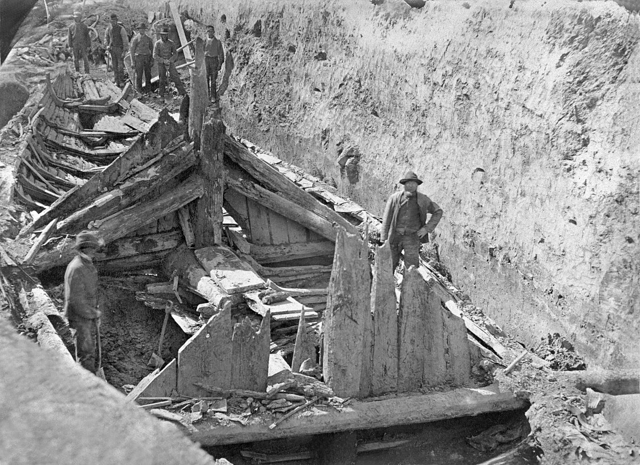 Archaeologists excavating the Gokstad Viking ship burial in 1880, Norway