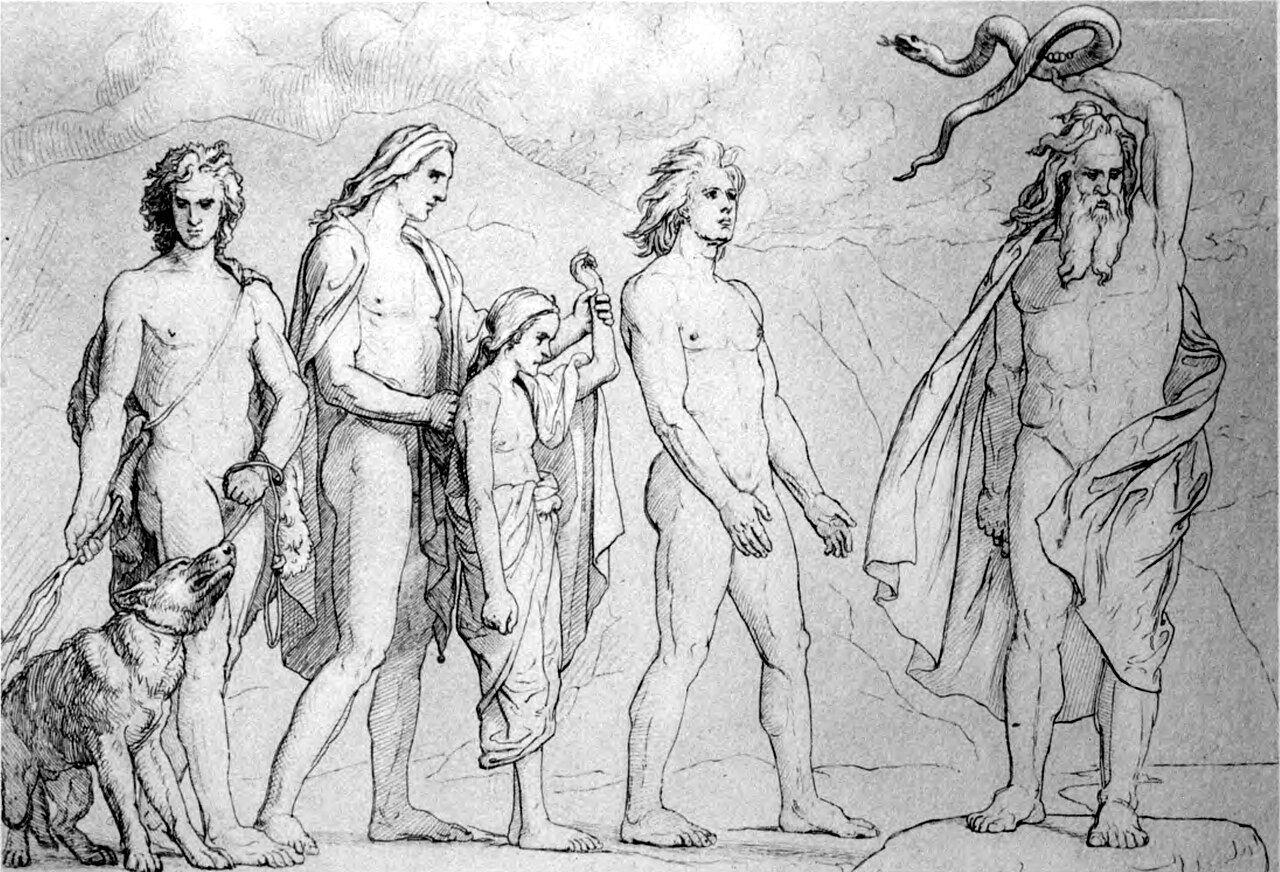 Loki with his monstrous children Fenrir, Jormungandr and Hel, illustrating loki norse mythology