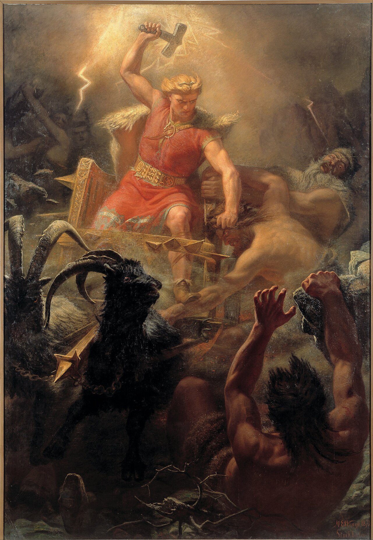 Thor swinging Mjolnir at giants in Mårten Eskil Winge's classic painting of the thor norse god