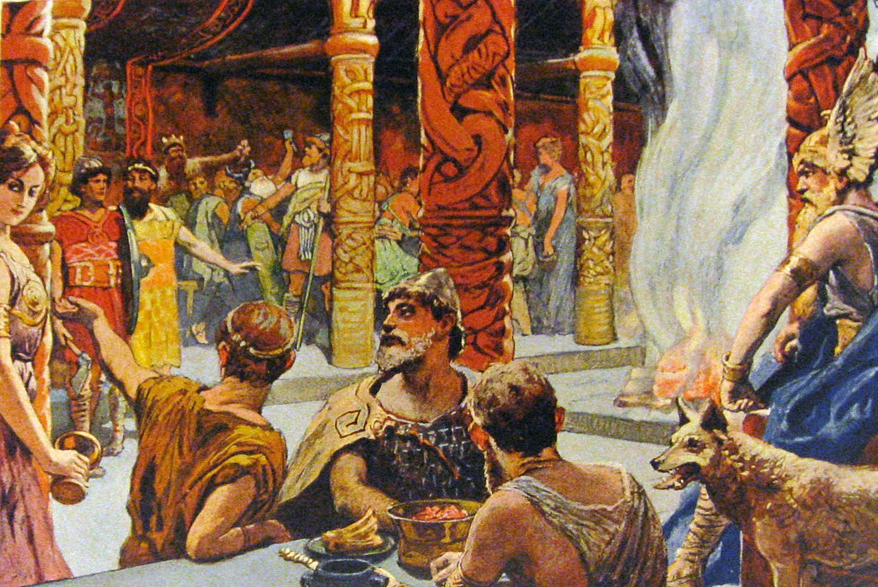 Illustration showing the valhalla meaning: einherjar served by valkyries while Odin sits enthroned, by Emil Doepler