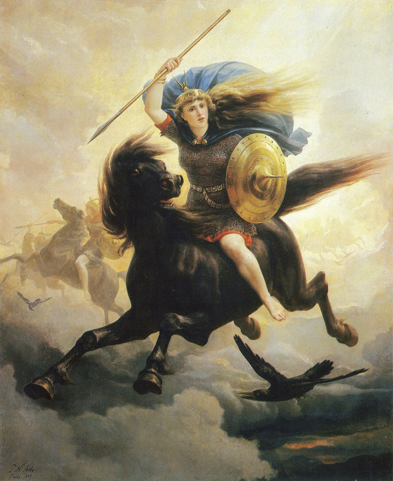 The Valkyrie, 1869 painting by Peter Nicolai Arbo depicting the valkyrie meaning as an armed rider with spear and shield